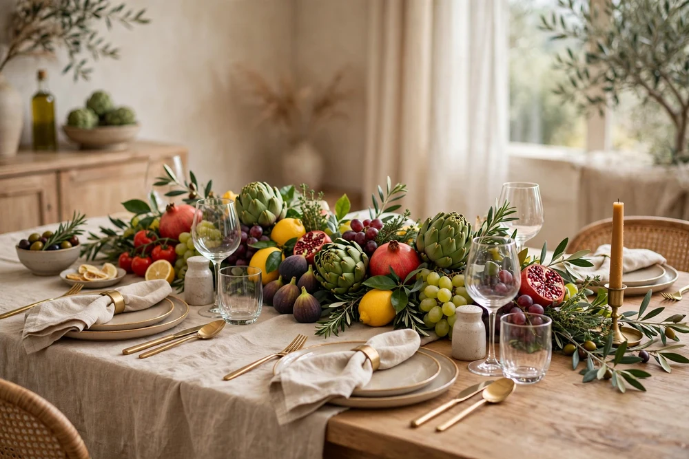 Fresh produce styled as natural dining table decor