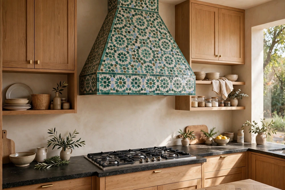 Zellige tile kitchen range hood covered in handmade Moroccan style tiles