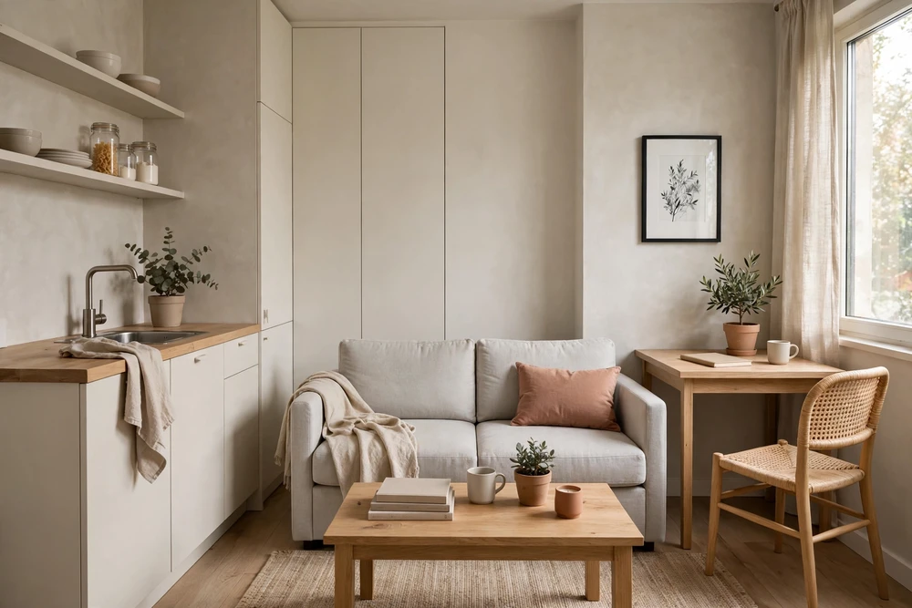 Studio apartment decor with a limited accent color used in pillows and small details