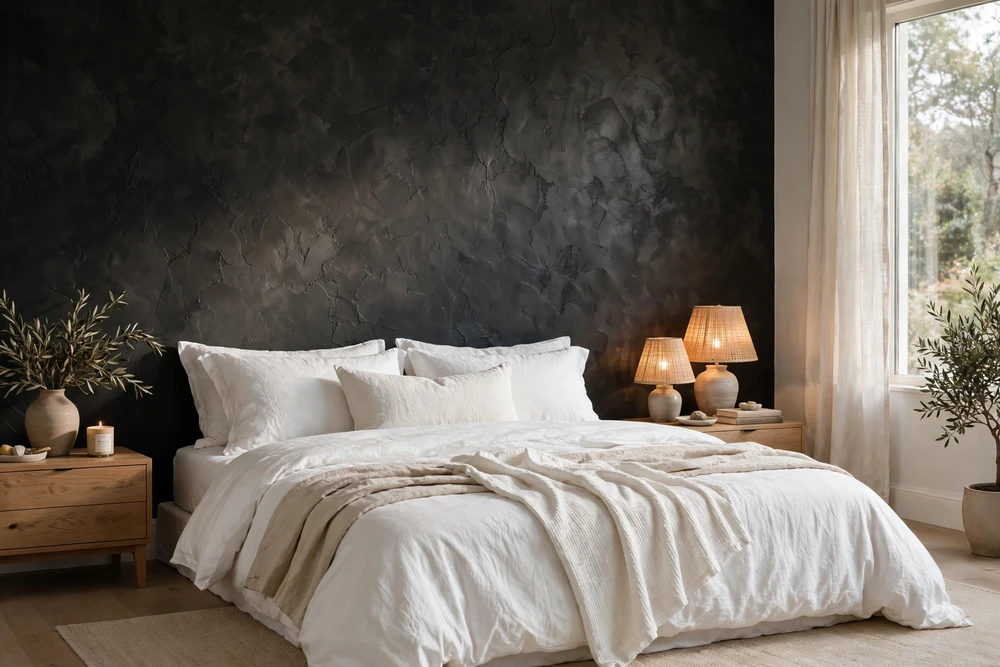 White bedding set against a dramatic accent wall