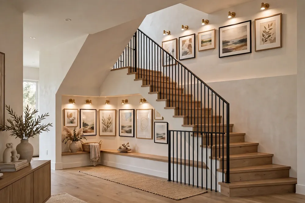 Dual level gallery lighting illuminating staircase wall decor