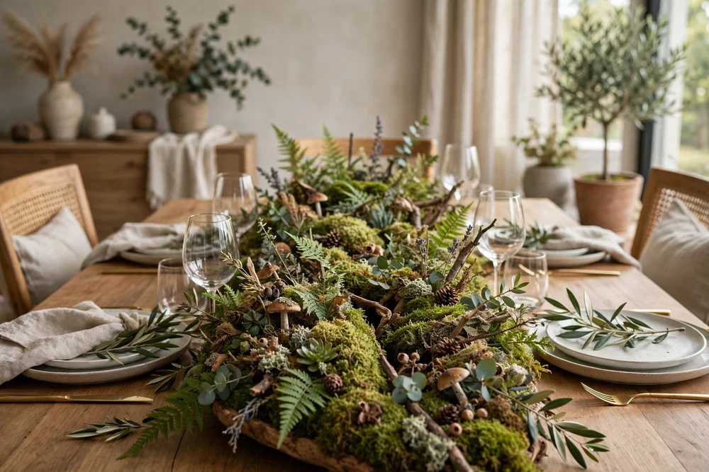Moss and natural elements filling a bowl on a dining table