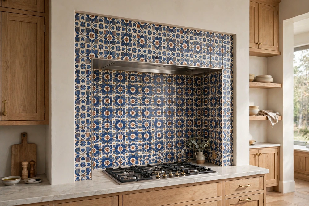 Patterned tile kitchen range hood niche with decorative tilework