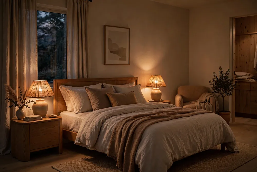 Primary bedroom glowing with soft warm-dim lighting at night