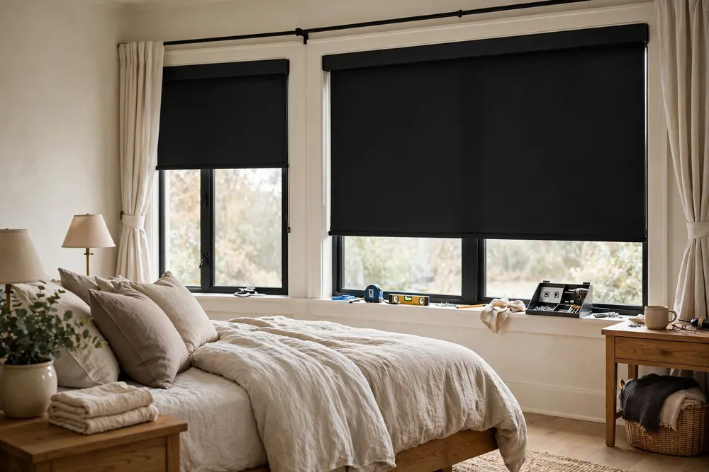 Primary bedroom with blackout window treatments for better sleep