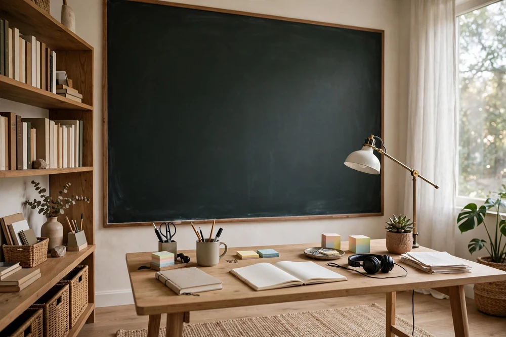 A study room with a chalkboard wall for notes, sketches and study brainstorming