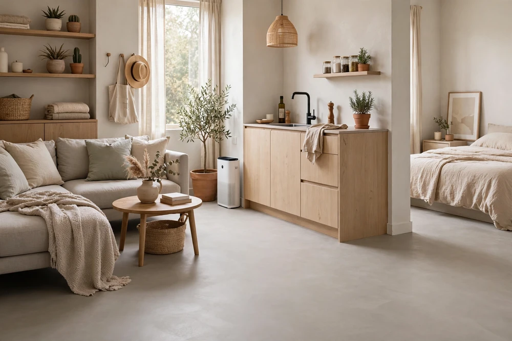 Studio apartment decor with one continuous flooring material that makes the space flow