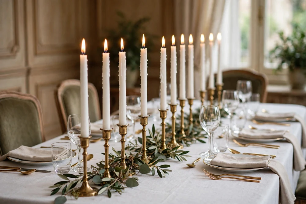 Formal line of tall taper candles on a dining table