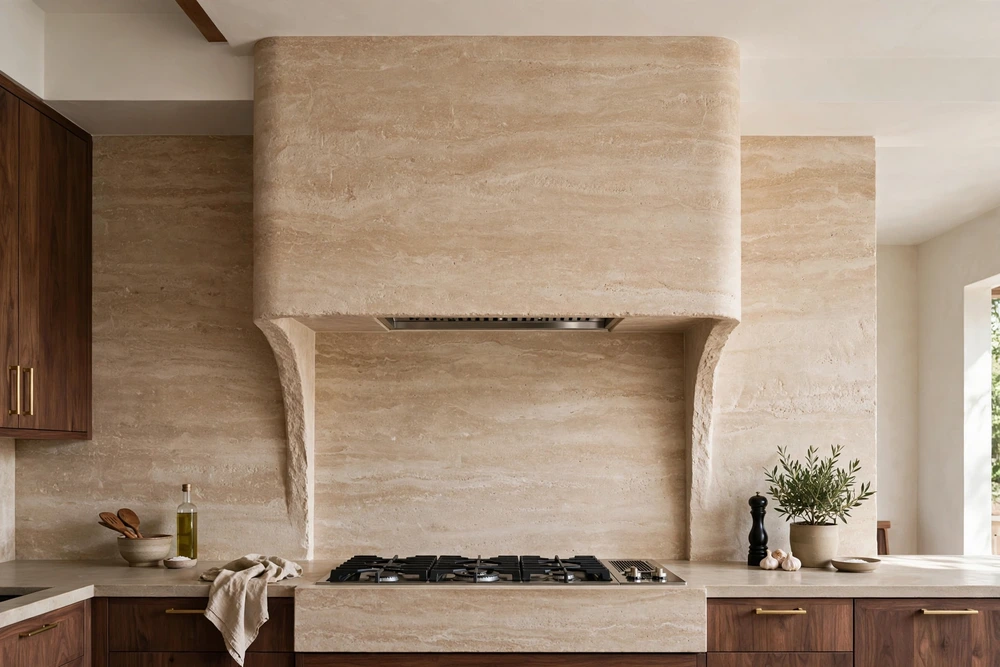 Slab backsplash rising into the kitchen range hood for a seamless stone look