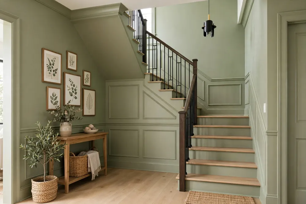 Trim and wall painted the same color for seamless staircase wall decor