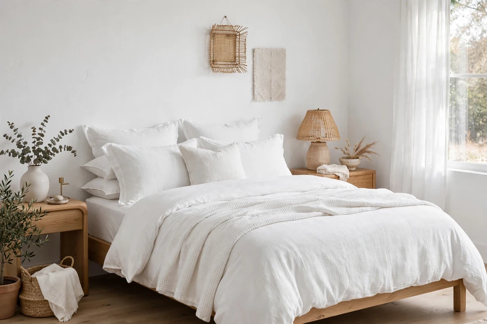 White bedding styled with white walls for a monochrome look