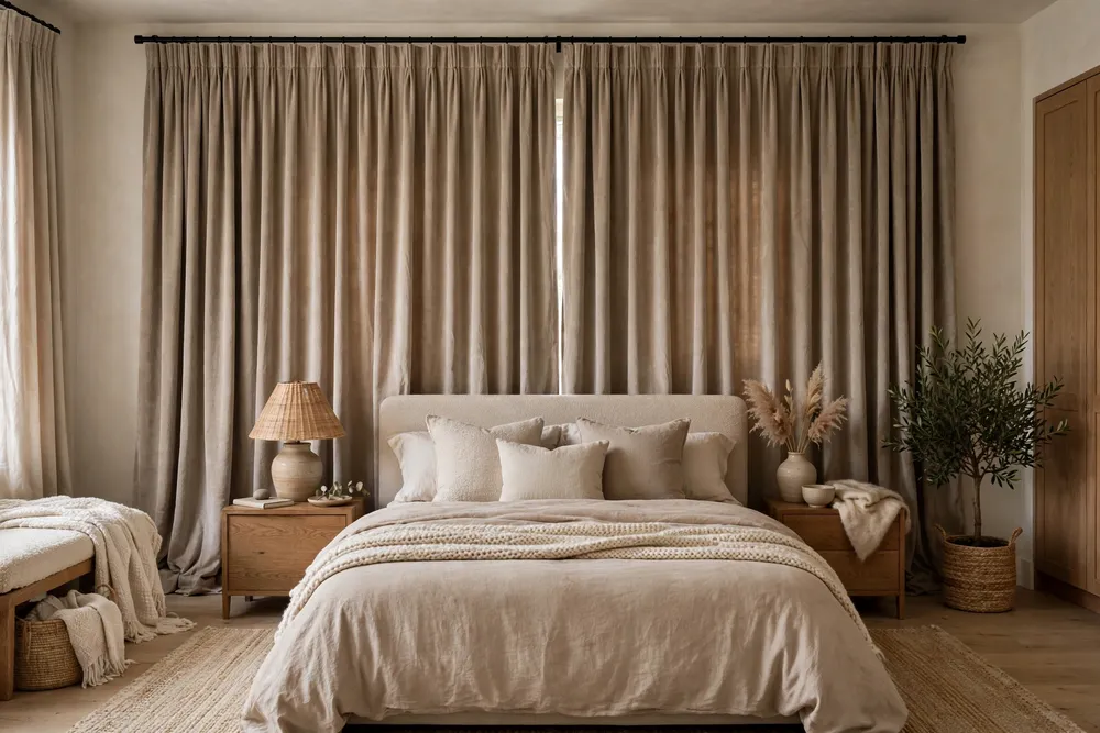 Primary bedroom with full curtains that soften sound and add warmth