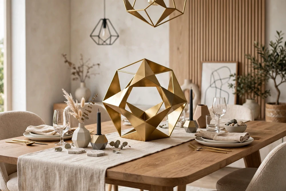 Geometric modern accent sculpture on a dining table