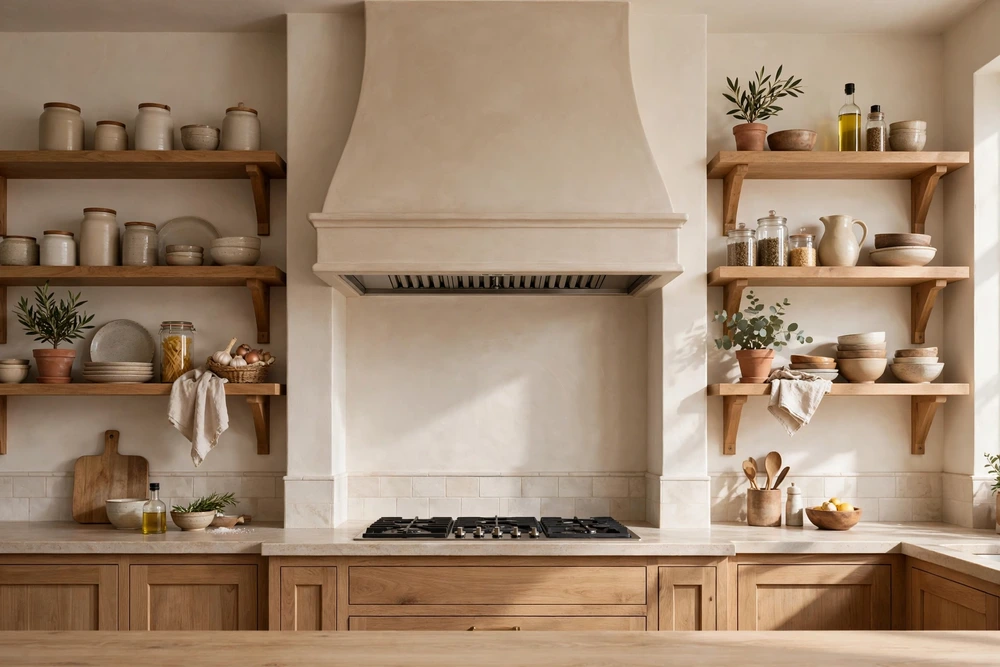 Kitchen range hood framed by open shelves on both sides