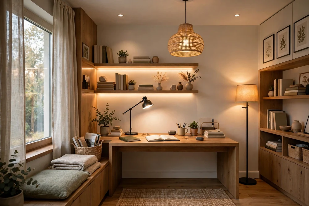 A study room lit with layered lighting: ceiling light, desk lamp and warm shelf lights