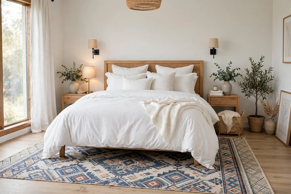 White bedding bedroom with a patterned area rug