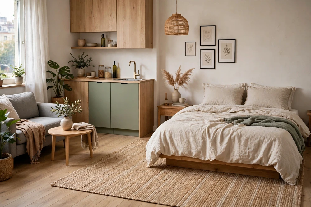 Studio apartment decor with a rug defining the sleeping area in an open studio