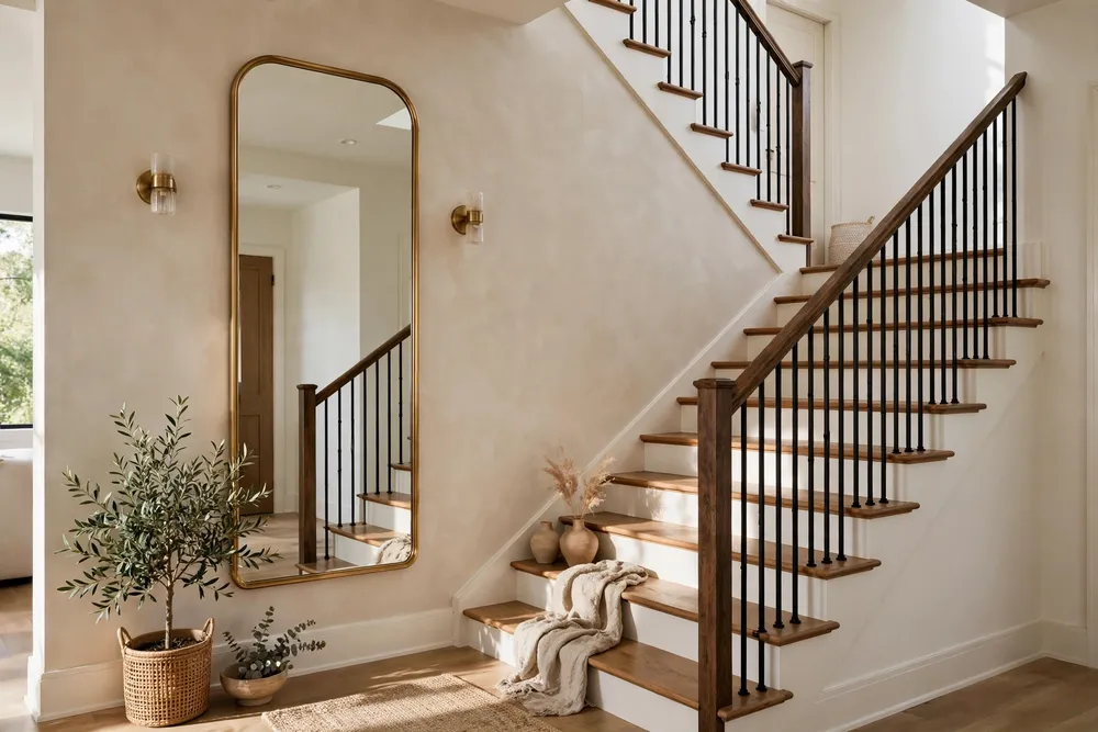 One tall statement mirror leaning on a staircase wall decor wall