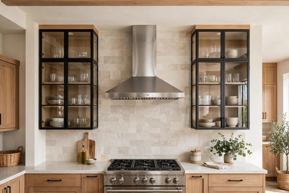 Kitchen range hood flanked by glass front cabinets