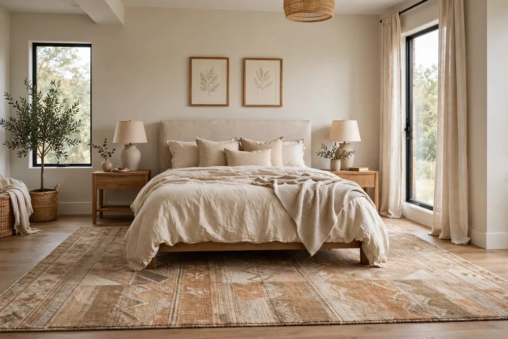 Primary bedroom with a large area rug placed under the bed