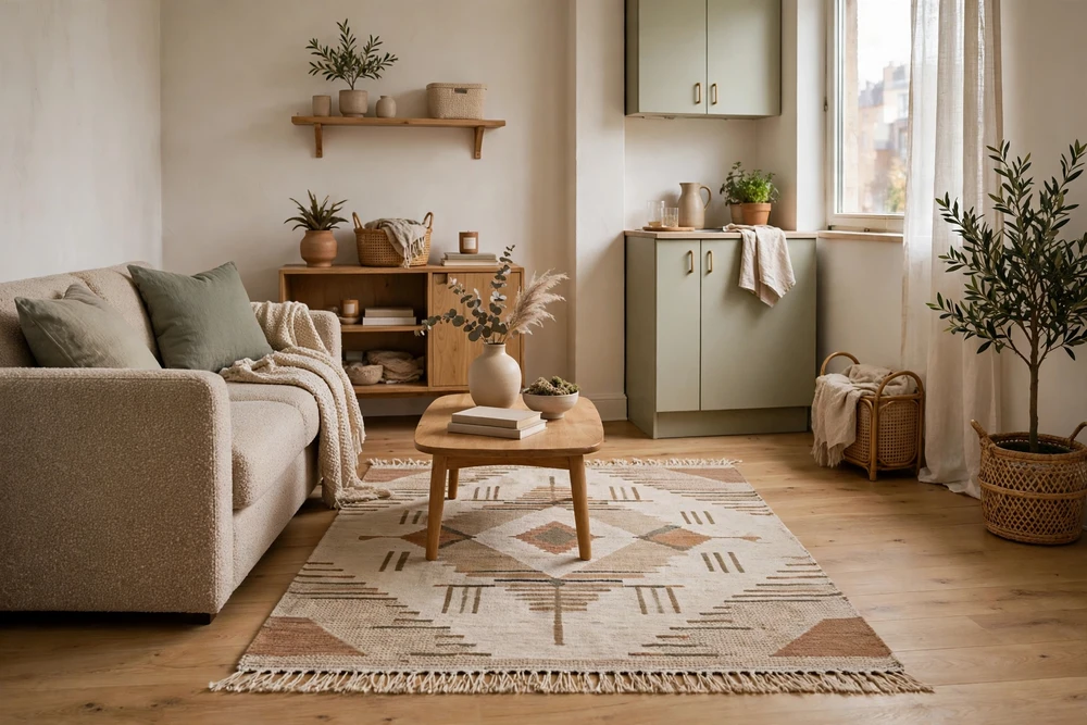 Studio apartment decor with a rug anchoring the living area of a small studio