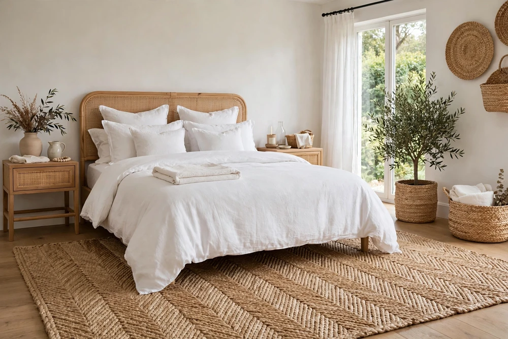 White bedding bedroom with a natural fiber rug