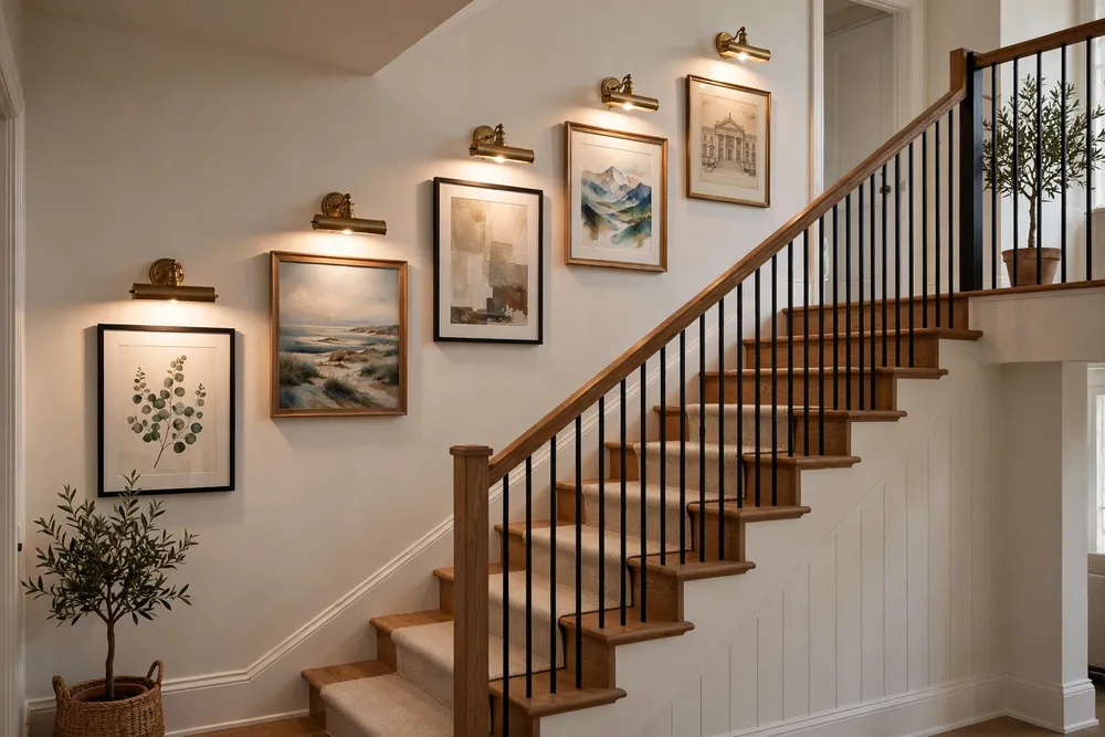 Picture lights washing artwork in a refined staircase wall decor display