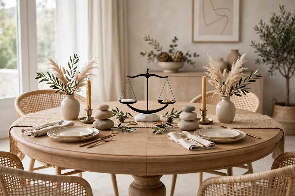 Balanced centerpiece decor on a round dining table