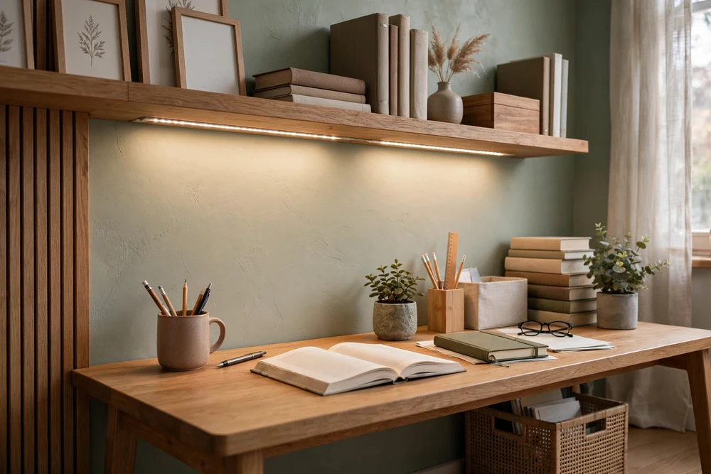 A study room desk lit by warm under-shelf task lighting for comfortable evening study
