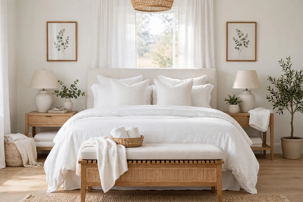 White bedding with a bench at the foot of the bed