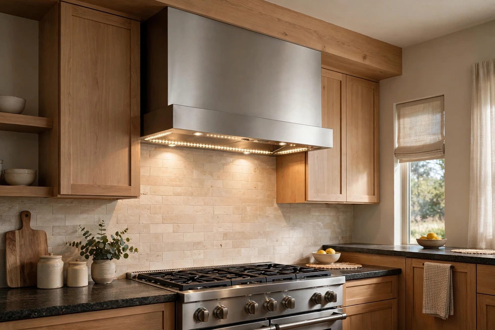 Kitchen range hood with integrated task lighting under the canopy