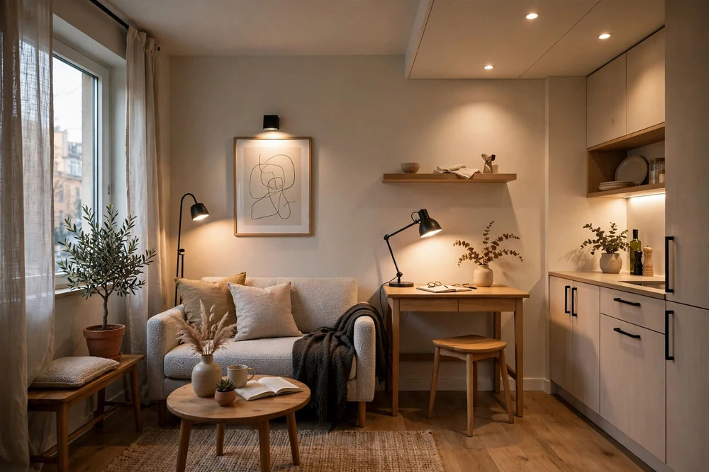 Studio apartment decor with layered lighting from ceiling, task, and accent lights
