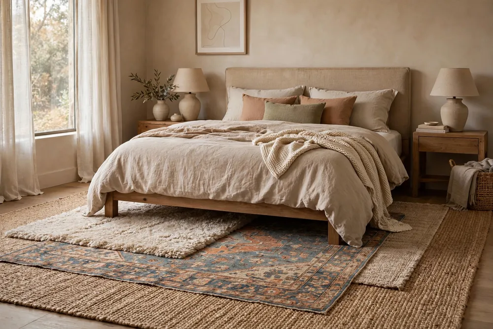 Primary bedroom with layered rugs adding rich texture underfoot