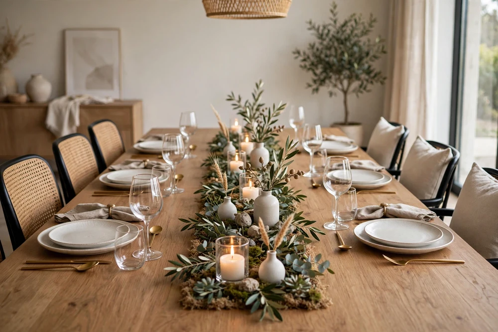 Linear arrangement of decor along a rectangular dining table