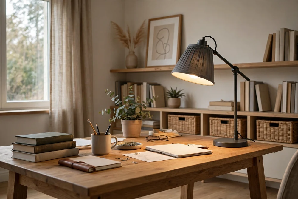A shaded desk lamp glowing on a desk in a study room for soft focused light