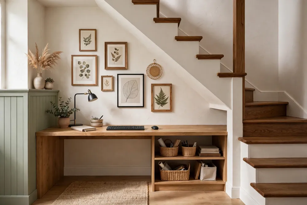 Under stair workspace nook with organized staircase wall decor
