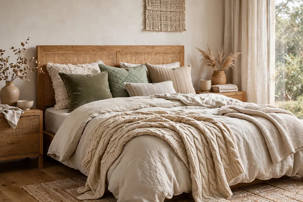 Primary bedroom bed styled with mixed bedding textures