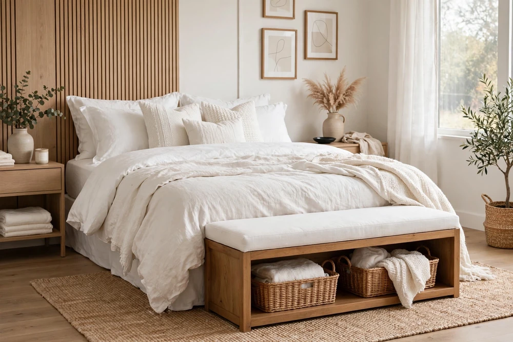 White bedding bedroom with a storage bench at the foot