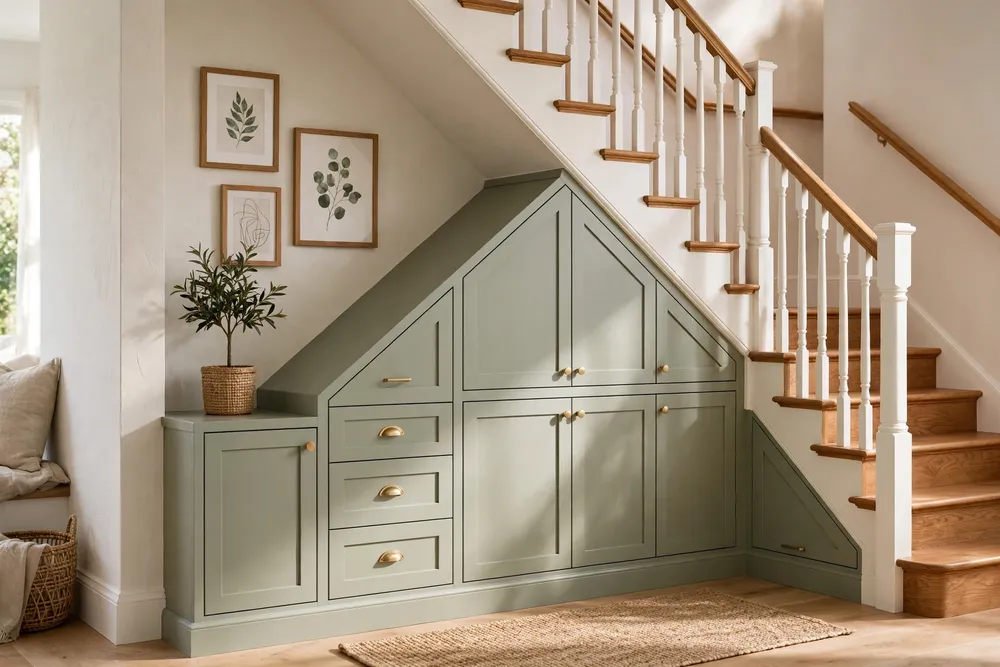 Under stair storage with cabinetry and tidy staircase wall decor