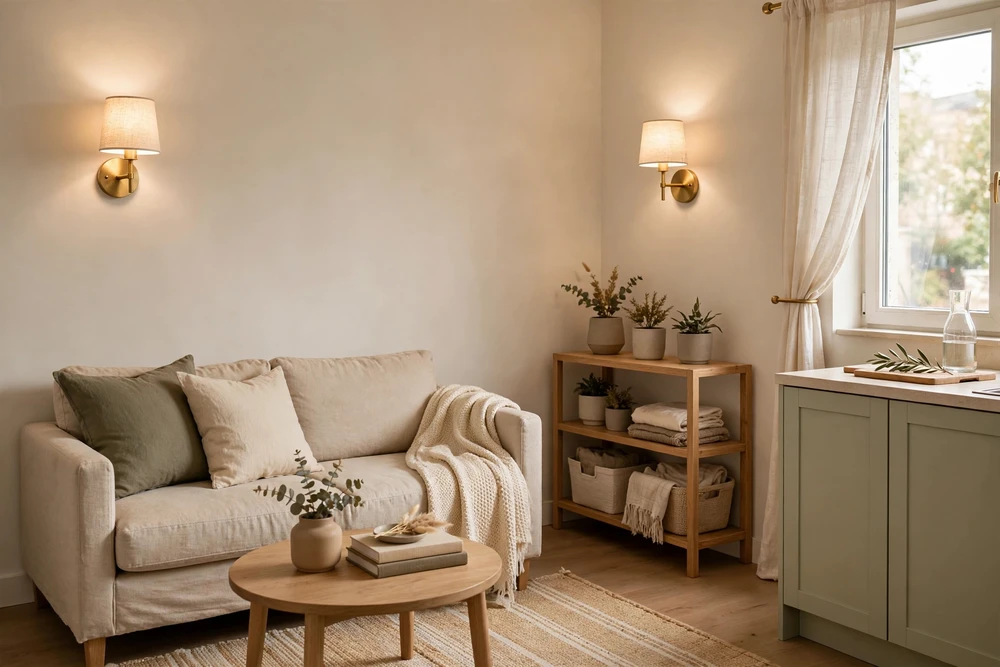 Studio apartment decor swapping floor lamps for space-saving wall sconces