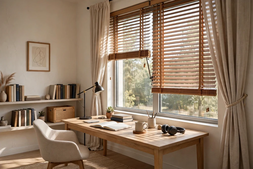 A study room window with adjustable blinds controlling daylight over the desk