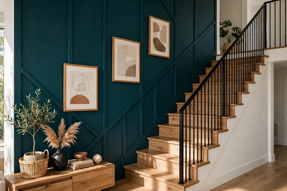 Bold accent wall making a dramatic staircase wall decor statement