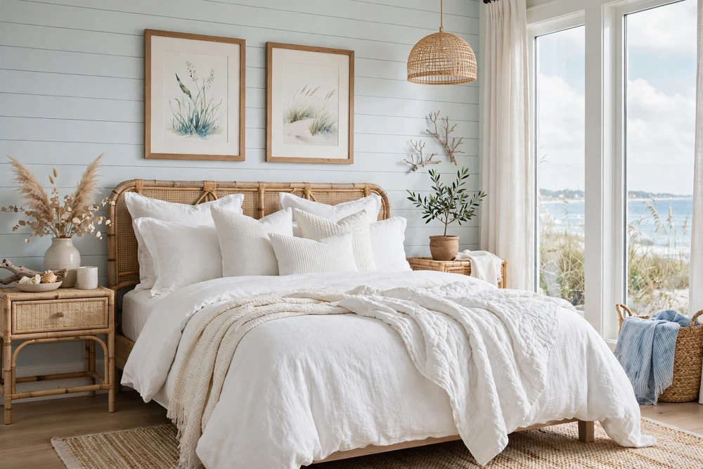 White bedding styled in a coastal color scheme