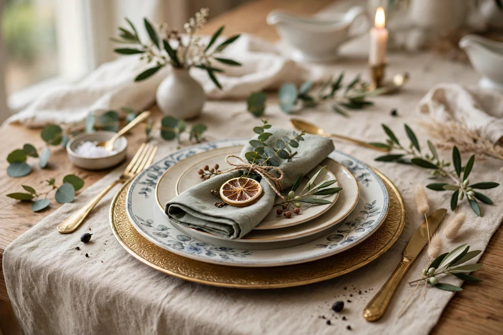 Layered plates with small accent decor at a dining table setting