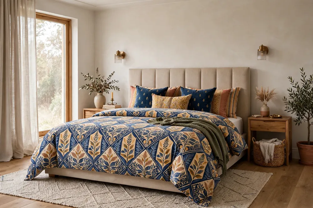 Primary bedroom with a patterned bed as the main accent