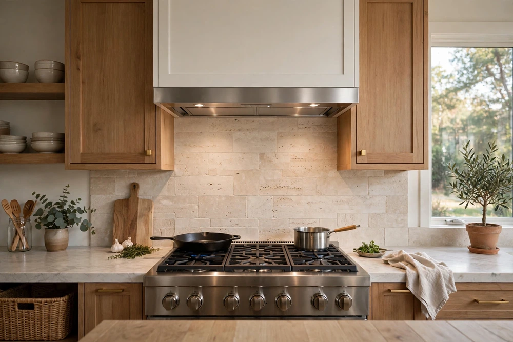 Remote blower kitchen range hood with the motor mounted outside the living space