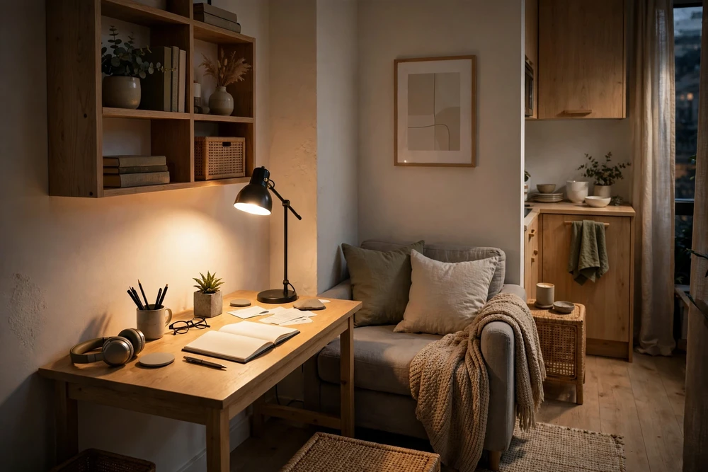 Studio apartment decor with focused task lighting over a desk and reading spot