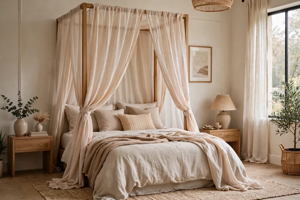 Dreamy primary bedroom with canopy bed curtains