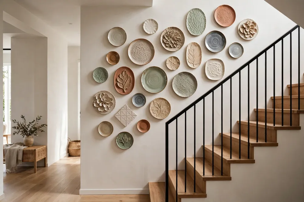Mounted ceramic wall art pieces as artistic staircase wall decor