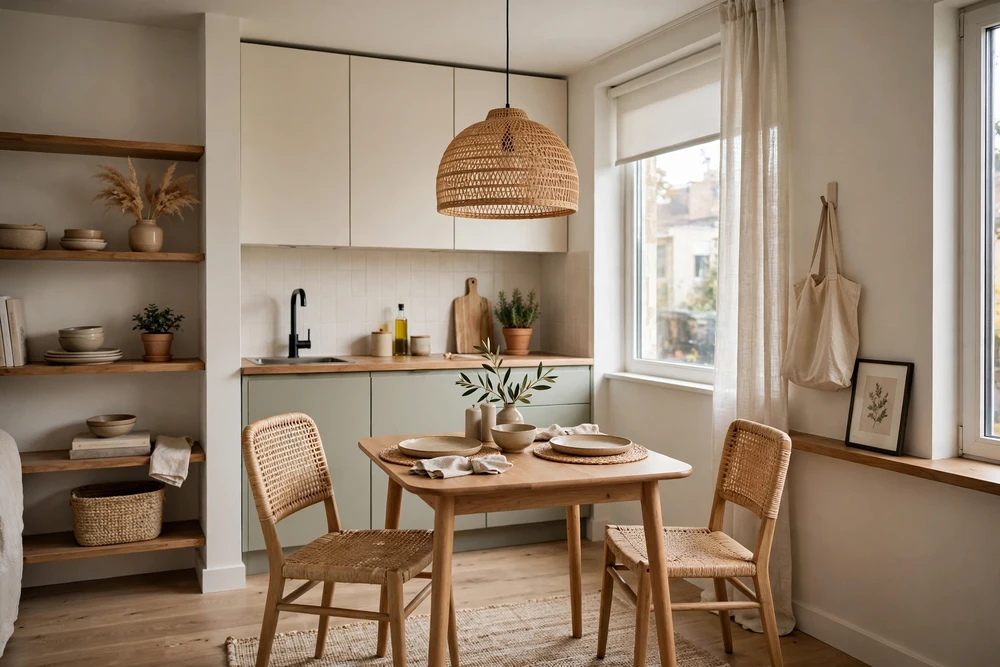 Studio apartment decor with a pendant light defining the dining area